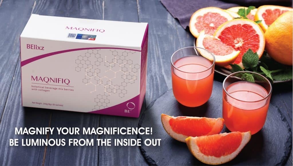 這是一張包含 BElixz Maqnifiq 產品的圖片，當您每天食用時，它對您的健康和 皮膚 有益。